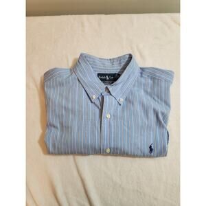 Ralph Lauren Shirt Mens XL Blue Striped Short Sleeve Pony Preppy Summer Business